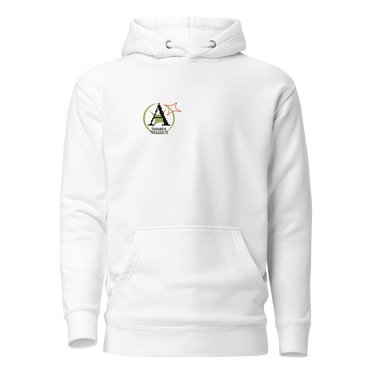 Front view of a solid-colored hoodie. A small graphic on the left chest features a circular emblem containing a large, pixel-art style letter 'A'. A small, outlined star symbol is next to the emblem.
