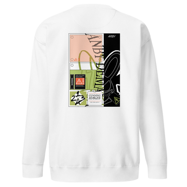 Back view of a solid-colored sweatshirt. A large collage graphic is centered on the upper back, composed of several rectangular panels. The design features the vertical text "ANBY DEMARA" and a large, high-contrast profile illustration of a character with rabbit-like ears.