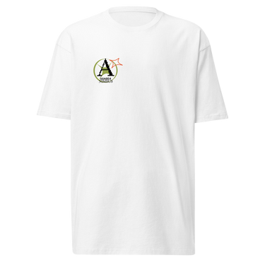 Front view of a solid-colored shirt. A small graphic on the left chest features a circular emblem containing a large, pixel-art style letter 'A'. A small, outlined star symbol is next to the emblem.