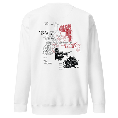 Back view of a solid-colored sweatshirt. A large collage graphic on the upper back features a fine-line portrait of the character Argenti from Honkai: Star Rail holding a rose. The design is layered with multiple blocks of text in various fonts and several patches of high-contrast, textured patterns.