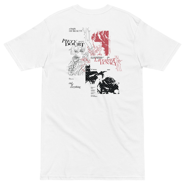 Back view of a solid-colored shirt. A large collage graphic on the upper back features a fine-line portrait of the character Argenti from Honkai: Star Rail holding a rose. The design is layered with multiple blocks of text in various fonts and several patches of high-contrast, textured patterns.