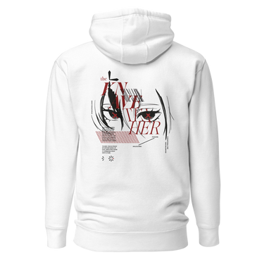 Back view of a solid-colored hoodie. A large graphic on the upper back features a high-contrast, close-up illustration of Arlecchino from Genshin Impact’s eyes. The design is layered with the text "the KNAVE of HER" and various other typographic and abstract elements.