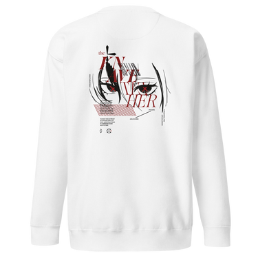 Back view of a solid-colored sweatshirt. A large graphic on the upper back features a high-contrast, close-up illustration of Arlecchino from Genshin Impact’s eyes. The design is layered with the text "the KNAVE of HER" and various other typographic and abstract elements.