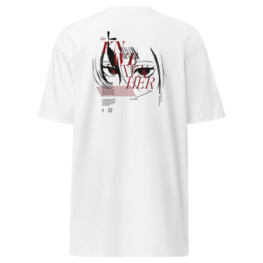 Back view of a solid-colored shirt. A large graphic on the upper back features a high-contrast, close-up illustration of Arlecchino from Genshin Impact’s eyes. The design is layered with the text "the KNAVE of HER" and various other typographic and abstract elements.