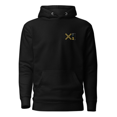 Front view of a solid-colored, hoodie. A small graphic on the left chest features a large, high-contrast 'X' symbol next to a small, vertical block of text and code-like characters.