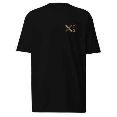 Front view of a solid-colored, shirt. A small graphic on the left chest features a large, high-contrast 'X' symbol next to a small, vertical block of text and code-like characters.