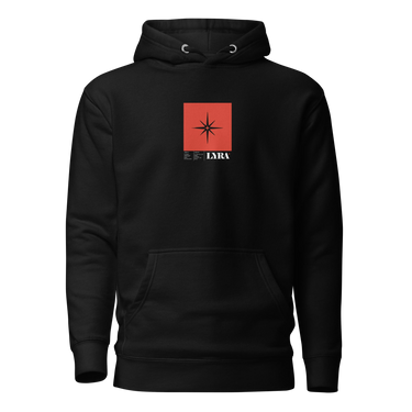 Front view of a solid-colored, hoodie. A small graphic is centered on the chest, featuring a solid vertical rectangle containing a four-pointed star. The word "LYRA" and a small block of technical-style text are positioned below the rectangle.