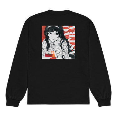 Back view of a solid-colored, longsleeve. A large, square graphic on the upper back features a high-contrast, manga-style illustration of Astra Yao from Zenless Zone Zero. The word "ASTRA" is written vertically in large, high-contrast letters along the right side of the image. It is designed to be similar to an album cover.