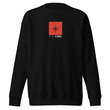 Front view of a solid-colored, sweatshirt. A small graphic is centered on the chest, featuring a solid vertical rectangle containing a four-pointed star. The word "LYRA" and a small block of technical-style text are positioned below the rectangle.