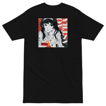 Back view of a solid-colored, shirt. A large, square graphic on the upper back features a high-contrast, manga-style illustration of Astra Yao from Zenless Zone Zero. The word "ASTRA" is written vertically in large, high-contrast letters along the right side of the image. It is designed to be similar to an album cover.