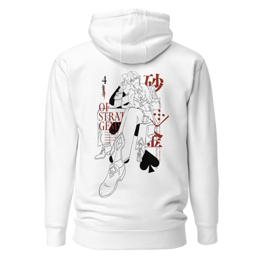 Back view of a solid-colored hoodie. A large graphic on the upper back is styled like a playing card and features a fine-line illustration of Aventurine from Honkai: Star Rail sitting in a throne-like chair. The design incorporates card-game motifs such as a large spade symbol and East Asian characters.