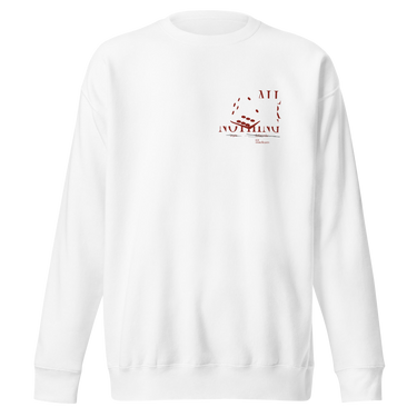 Front view of a solid-colored sweatshirt. A small graphic on the left chest features the text "ALL OR NOTHING" in a fragmented font, combined with high-contrast illustrations of tumbling dice.