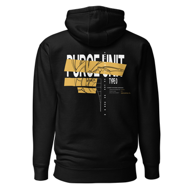 Back view of an hoodie in black. A large graphic composition spans the upper back, dominated by the phrase “PURGE UNIT” in bold white uppercase text. Horizontal gold bands cut across the lettering, partially obscuring it while revealing fine black line illustrations that resemble a mechanical robot. To the right of the main composition, smaller text reads “TYPE 0,” accompanied by a vertical column of numbers arranged like a technical index.