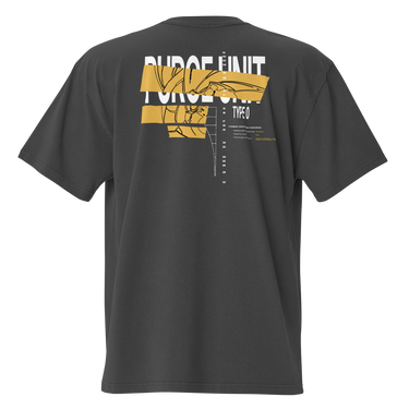 Back view of an oversized tee in black. A large graphic composition spans the upper back, dominated by the phrase “PURGE UNIT” in bold white uppercase text. Horizontal gold bands cut across the lettering, partially obscuring it while revealing fine black line illustrations that resemble a mechanical robot. To the right of the main composition, smaller text reads “TYPE 0,” accompanied by a vertical column of numbers arranged like a technical index.