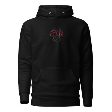 Front view of a solid-colored, hoodie. A small graphic is centered on the chest, featuring a circular emblem made of three swirling shapes, rendered with a high-contrast, distressed texture.