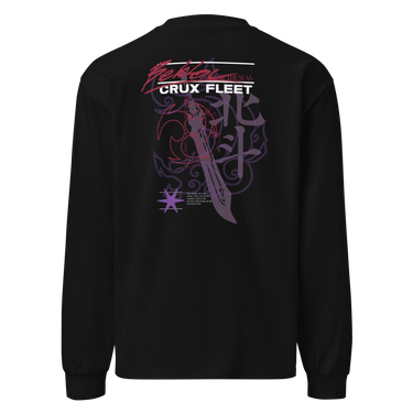 Back view of a solid-colored, longsleeve. A large, vertical collage graphic is centered on the back. It features an ornate dagger as the central element, layered over large Chinese calligraphy characters and swirling line art. The design includes the prominent text "CRUX FLEET" and other stylized typography.