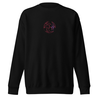 Front view of a solid-colored, sweatshirt. A small graphic is centered on the chest, featuring a circular emblem made of three swirling shapes, rendered with a high-contrast, distressed texture.