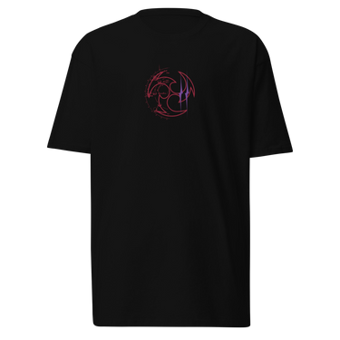 Front view of a solid-colored, shirt. A small graphic is centered on the chest, featuring a circular emblem made of three swirling shapes, rendered with a high-contrast, distressed texture.