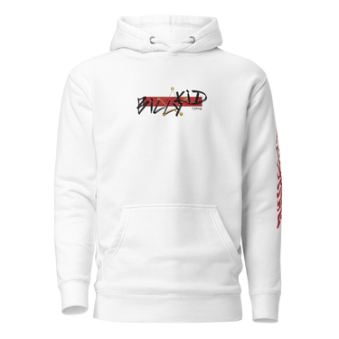 Front view of a solid-colored hoodie. A graphic centered on the chest features the words "BILLY KID" in a high-contrast, sketchy font, layered over a solid rectangular block and a fine-line illustration of a sheriff's badge.