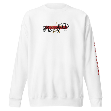 Front view of a solid-colored sweatshirt. A graphic centered on the chest features the words "BILLY KID" in a high-contrast, sketchy font, layered over a solid rectangular block and a fine-line illustration of a sheriff's badge.