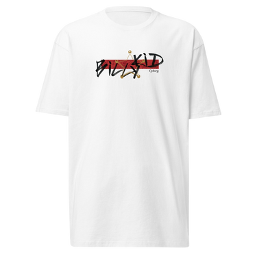 Front view of a solid-colored shirt. A graphic centered on the chest features the words "BILLY KID" in a high-contrast, sketchy font, layered over a solid rectangular block and a fine-line illustration of a sheriff's badge.