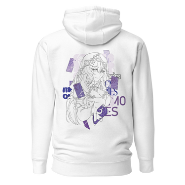 Back view of a solid-colored hoodie. A large graphic on the upper back features a fine-line illustration of the character Black Swan from Honkai: Star Rail holding several cards. The design is layered with large, high-contrast text and abstract shapes.
