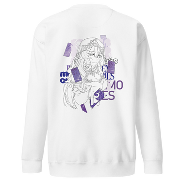 Back view of a solid-colored sweatshirt. A large graphic on the upper back features a fine-line illustration of the character Black Swan from Honkai: Star Rail holding several cards. The design is layered with large, high-contrast text and abstract shapes.