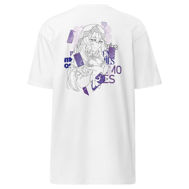 Back view of a solid-colored shirt. A large graphic on the upper back features a fine-line illustration of the character Black Swan from Honkai: Star Rail holding several cards. The design is layered with large, high-contrast text and abstract shapes.