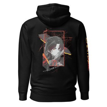 Back view of a solid-colored hoodie. A large graphic on the upper back features a high-contrast illustration of the character Blade from Honkai: Star Rail. The portrait is framed by a rectangle and layered with abstract wing-like shapes and fine, sketchy lines.