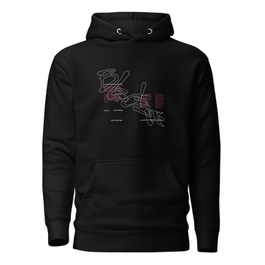 Front view of a solid-colored hoodie. A large graphic on the chest features the word "BLADE" written in a single, continuous, high-contrast line. Several small, high-contrast blocks of text are layered over the line art.