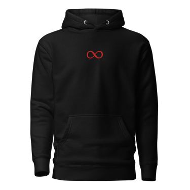 Front view of a hoodie in black. A small red infinity-loop motif sits at the center chest as the only graphic — minimalist and restrained, with bold color contrast against the dark fabric.