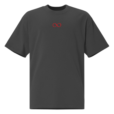 Front view of a oversized tee in faded black. A small red infinity-loop motif sits at the center chest as the only graphic — minimalist and restrained, with bold color contrast against the washed fabric.