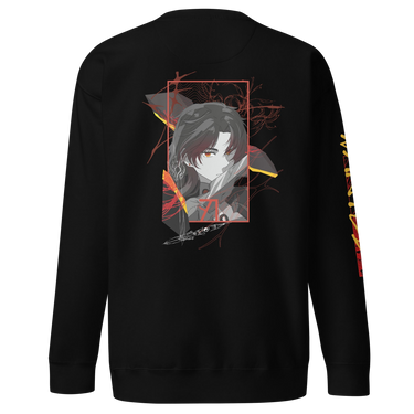 Back view of a solid-colored sweatshirt. A large graphic on the upper back features a high-contrast illustration of the character Blade from Honkai: Star Rail. The portrait is framed by a rectangle and layered with abstract wing-like shapes and fine, sketchy lines.