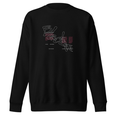 Front view of a solid-colored sweatshirt. A large graphic on the chest features the word "BLADE" written in a single, continuous, high-contrast line. Several small, high-contrast blocks of text are layered over the line art.