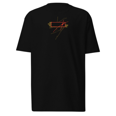 Front view of a solid-colored shirt. A minimalist graphic on the chest features a rectangular frame surrounded by several blocks of text and intersected by fine, sketchy lines.