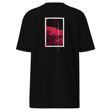 Back view of a solid-colored shirt. A large, vertical graphic on the upper back is framed by a high-contrast border. Inside the frame is a high-contrast illustration of spider lily flowers, with several small blocks of text layered over the image.