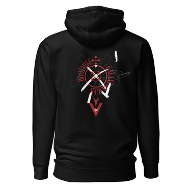 Back view of a solid-colored hoodie. A large graphic on the upper back features a circular, gear-like object with text such as "BOOTHILL" arranged around it. The design is layered with high-contrast illustrations of bullets and knives, with a large chevron symbol below.
