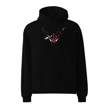 Front view of a solid-colored oversized-hoodie. A graphic centered on the chest features a high-contrast, stylized illustration of a horned animal skull, with a compass rose symbol at its center and a dagger piercing through the top.
