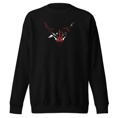 Front view of a solid-colored sweatshirt. A graphic centered on the chest features a high-contrast, stylized illustration of a horned animal skull, with a compass rose symbol at its center and a dagger piercing through the top.