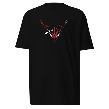 Front view of a solid-colored shirt. A graphic centered on the chest features a high-contrast, stylized illustration of a horned animal skull, with a compass rose symbol at its center and a dagger piercing through the top.