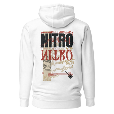Back view of a solid-colored, oversized hoodie. A large, vertical collage graphic with a distressed aesthetic is centered on the upper back. It features the bold text "NITRO", a graffiti-style word, a line drawing of an biker helmet, and various other textures and symbols.