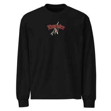Front view of a solid-colored, oversized longsleeve. A small graphic is centered on the chest, featuring the word "Burnice" in a high-contrast, gothic-style blackletter font, with subtle, sketchy lines in the background.