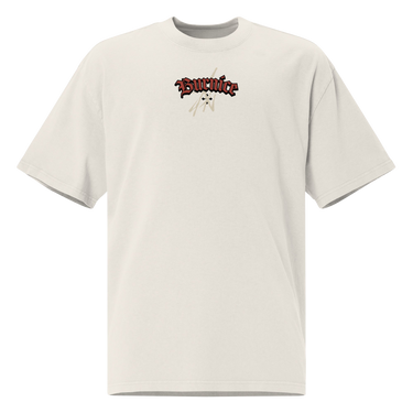 Front view of a solid-colored, oversized oversized-tee. A small graphic is centered on the chest, featuring the word "Burnice" in a high-contrast, gothic-style blackletter font, with subtle, sketchy lines in the background.