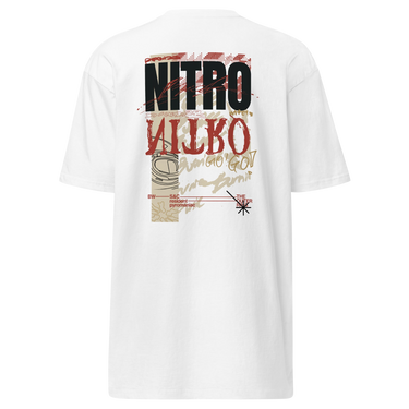 Back view of a solid-colored, oversized shirt. A large, vertical collage graphic with a distressed aesthetic is centered on the upper back. It features the bold text "NITRO", a graffiti-style word, a line drawing of an biker helmet, and various other textures and symbols.