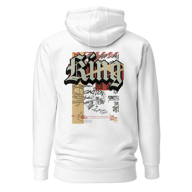 Back view of a solid-colored, hoodie. A large, vertical collage graphic on the upper back features the word "King" in a bold, three-dimensional gothic font. The design is layered with a line drawing of an biker helmet, various handwritten signatures, and blocks of text.