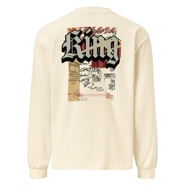Back view of a solid-colored, longsleeve. A large, vertical collage graphic on the upper back features the word "King" in a bold, three-dimensional gothic font. The design is layered with a line drawing of an biker helmet, various handwritten signatures, and blocks of text.