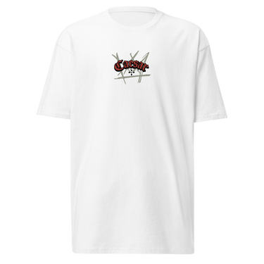 Front view of a solid-colored, shirt. A small graphic is centered on the chest, featuring the word "Caesar" in a stylized script font, layered over a background of sketchy, crisscrossing lines.