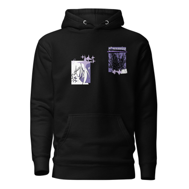 Front view of a solid-colored, hoodie. The chest features two separate collage-style graphics. One is a vertical rectangle containing a high-contrast illustration of a thorny bush. The other graphic features a line drawing of a character's head and hair, with several star shapes and a solid rectangular background.