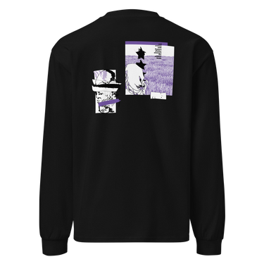 Back view of a solid-colored, longsleeve. The back features two separate vertical graphics. The larger graphic on the right shows the figure of Castorice from Honkai: Star Rail in a densely textured field. The smaller graphic on the left is a distorted, high-contrast portrait of a skull, with solid bars layered over it.