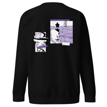 Back view of a solid-colored, sweatshirt. The back features two separate vertical graphics. The larger graphic on the right shows the figure of Castorice from Honkai: Star Rail in a densely textured field. The smaller graphic on the left is a distorted, high-contrast portrait of a skull, with solid bars layered over it.